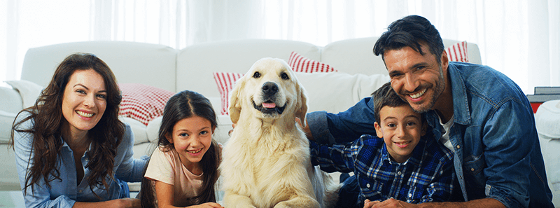 a happy family with a dog