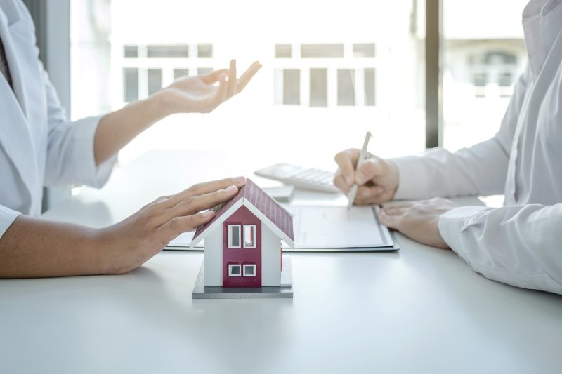 hand. The real estate agent explains the business contract, rent, purchase, mortgage, a loan, or home insurance to the women buyer.