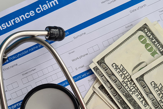 Insurance claim form alongside a stethoscope and cash, representing health insurance costs in McAllen.